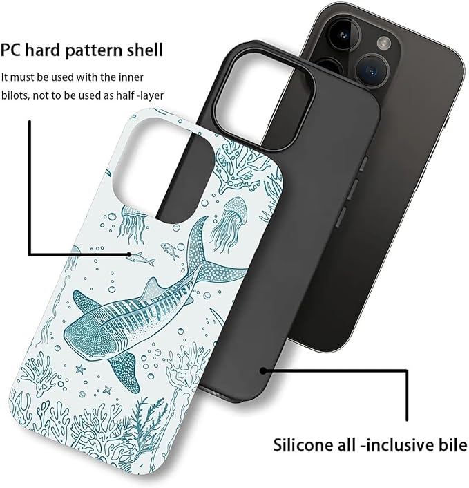 for iPhone 14 Pro Max Case,HH2 Ocean Whale Shark Hybrid 2 Layer Hard Shell Silicone Protective Pattern Design Case