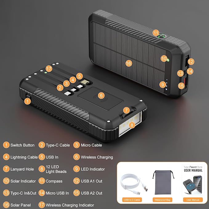 Solar Power Bank 33800mAh Wireless Portable Charger with Built-in 4 Cables, Fast Charging Battery Pack with 7 Outputs,4 Inputs, LED Camping Flashlight,Compass(Black)