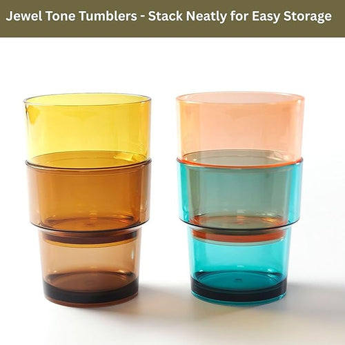 14 oz Plastic Stackable Drinking Tumblers, BPA-Free, Dishwasher Safe, Durable Shatterproof Reusable Kid Cups, Everyday Water/Juice Glasses for Indoor/Outdoor (Set of 8, Gift Box)