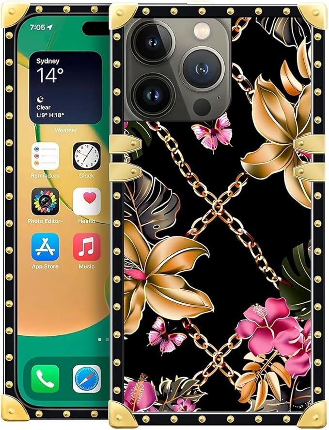 Compatible with iPhone 14 Pro Case, Pink Golden Chain Tropical Flower Luxury Golden Decoration for Girl Women Soft TPU Shockproof Protective Hard PC Back for iPhone 14 Pro