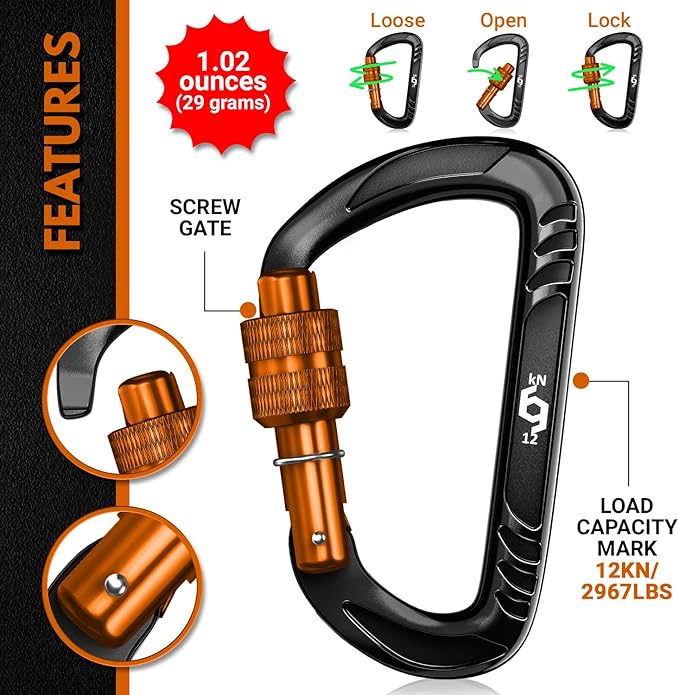 Rhino Produxs 12kN (2697 lbs) Heavy Duty Carabiner Clips, for Securing Pets, Outdoor, Camping, Hiking, Hammock, Dog Leash Harness, Keychains