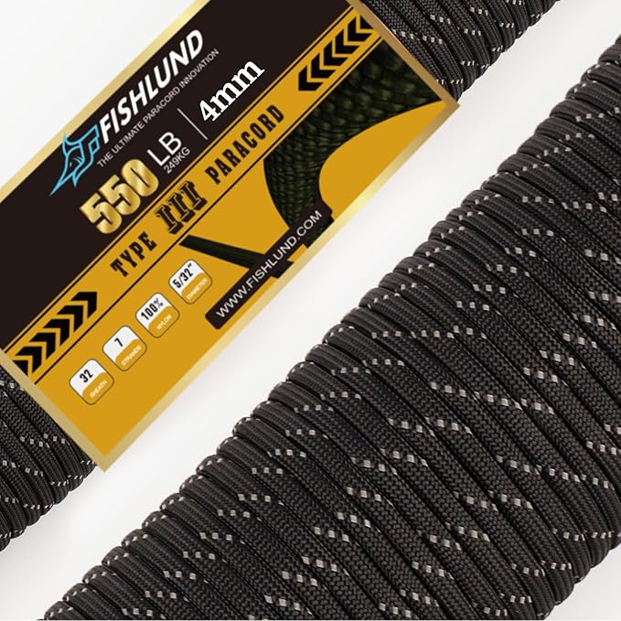 Reflective Paracord 550 lb, 7 Strand Paracord Rope 250ft 4mm, Nylon Parachute Cord for Camping, Black