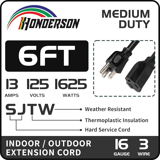 6FT Outdoor Extension Cord-16/3 SJTW Durable Black, 3 Prong Grounded Plug Power Cord for Safety,Great for Outside Christmas Decorations