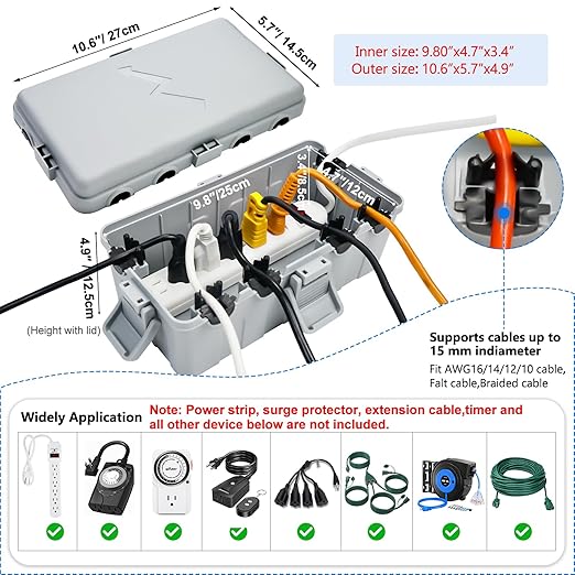 Hrensaw Medium Outdoor Electrical Box(10.6x5.5x4.5inch),IP54 Waterproof Extension Cord Cover w/6 Cable Entry,Weatherproof Connection Box Protect Power Strip,Timer,Plug,Holiday Lights,Grey