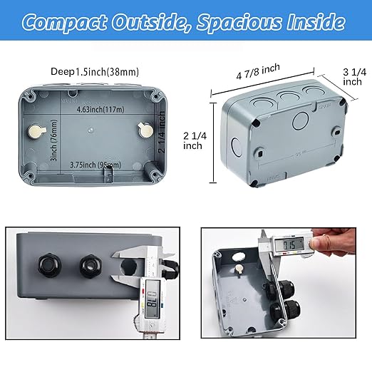 Outdoor Junction Box,Nineleaf IP66 Weatherproof Electrical Project Boxes PVC/ABS Plastic Enclosure Box Universal Watertight 4.9 x 3.3 x 2.3 inch (125x86x62mm), Fit with 20mm Cable Gland Grey