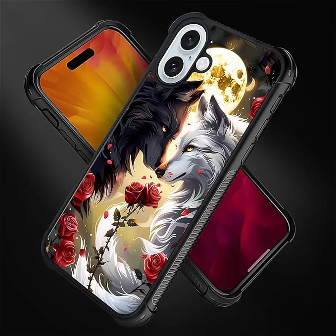 for iPhone 16 Plus Case, Black White Wolf Moon Flower Rose Pattern Graphic Design Girl Boy Soft Silicone Hard Acrylic Shock Protection for iPhone 16 Plus