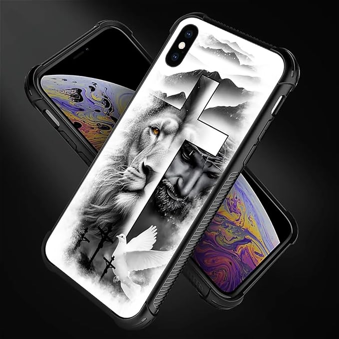 for iPhone X/Xs Case, Lion Cross Jesus Christ Dove Pattern Made of Soft Silicone Hard Acrylic Shock Protection for iPhone X/Xs