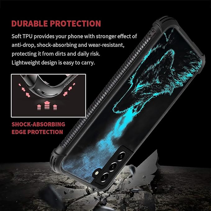 for Samsung Galaxy S21 FE Case, Blue Breathing Wolf Pattern Graphic Design Girl Boy Soft Silicone Hard Acrylic Shock Protection for Samsung Galaxy S21 FE