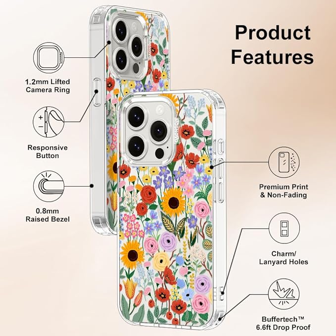 MOSNOVO Case for iPhone 15 Pro, [Buffertech 6.6ft Military-Grade Drop Protection] [Anti Peel Off Tech] Clear TPU Bumper Phone Case Cover Design - Blossom & Bloom