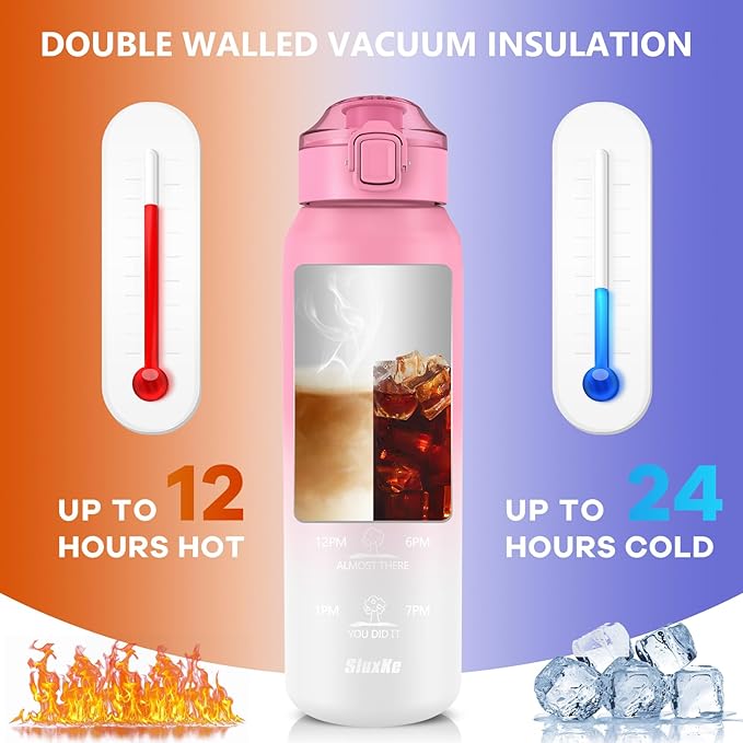 SLUXKE 24oz Insulated Water Bottle with Straw and Spout Lids, 18/10 Stainless Steel 700ml Double Wall Vacuum Sports Water Jug, Leakproof Hydro Cup Flask for Men, Women & Kids PINK WHITE