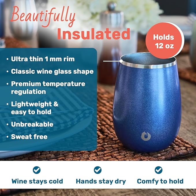 SNOWFOX Premium Vacuum Insulated Stainless Steel Grand Pinot Wine Glass, Chilled Wine Stays Icy Cold, Stemless Cocktail Glasses, Elegant Home Entertaining, Classic Barware, 12oz, Shimmer Gold