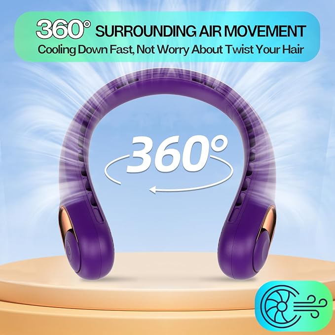 KIDEE Portable Neck Fan, Hands Free Bladeless Fan Rechargeable, 4000mAh Battery Operated USB Wearable Personal Fan, Upgraded Air Volume, 3 Speeds
