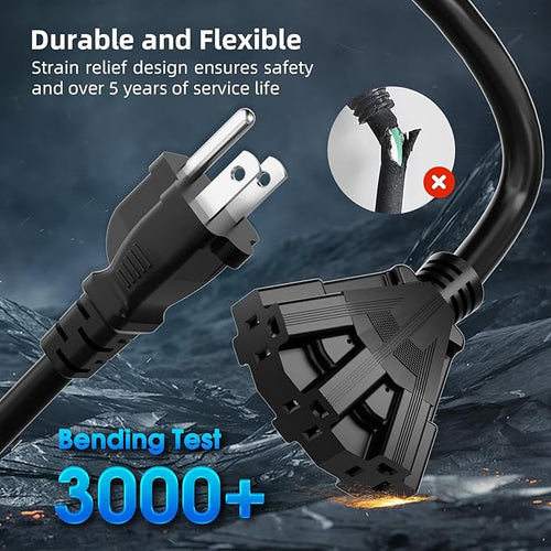 15 FT 3 Outlet Outdoor Extension Cord Waterproof, 16/3 SJTW Black Extension Cord with Multiple Outlets, Heavy Duty 16 Gauge 3-Prong Grounded Power Cable for Garden and Home Use, ETL Listed