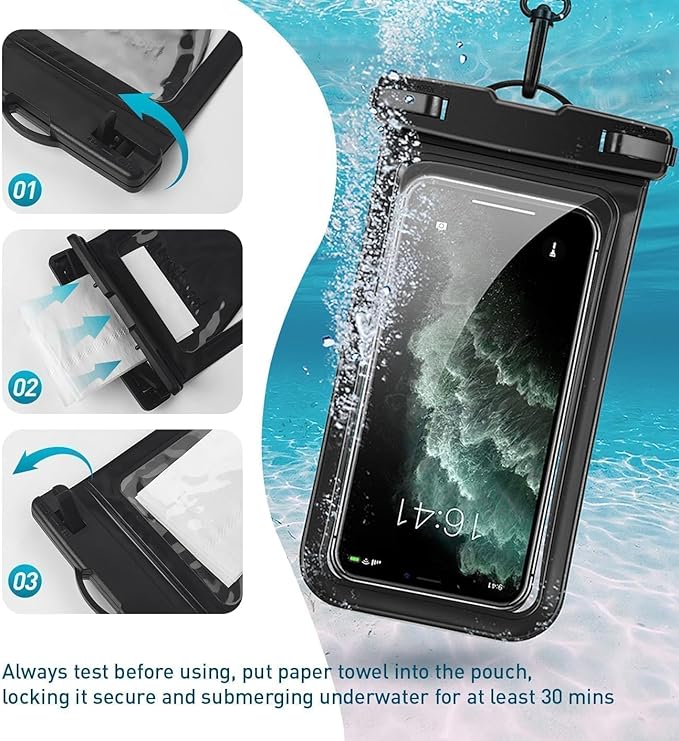 Waterproof Phone Pouch, with Interior Card Pocket, Large Waterproof Phone Case for iPhone 17 16 15 14 Pro Max, IPX8 Lightweight Cellphone Dry Bag, Beach Cruise Ship Essential,1 Pack-Black-8.3″