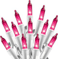 Christmas Pink Mini String Lights - 100 Count 25 Feet Detachable Incandescent Bulb Waterproof Fairy Lights Plug in for Indoor Outdoor Party Patio Xmas Tree Valentine's Day Decoration, White Wire