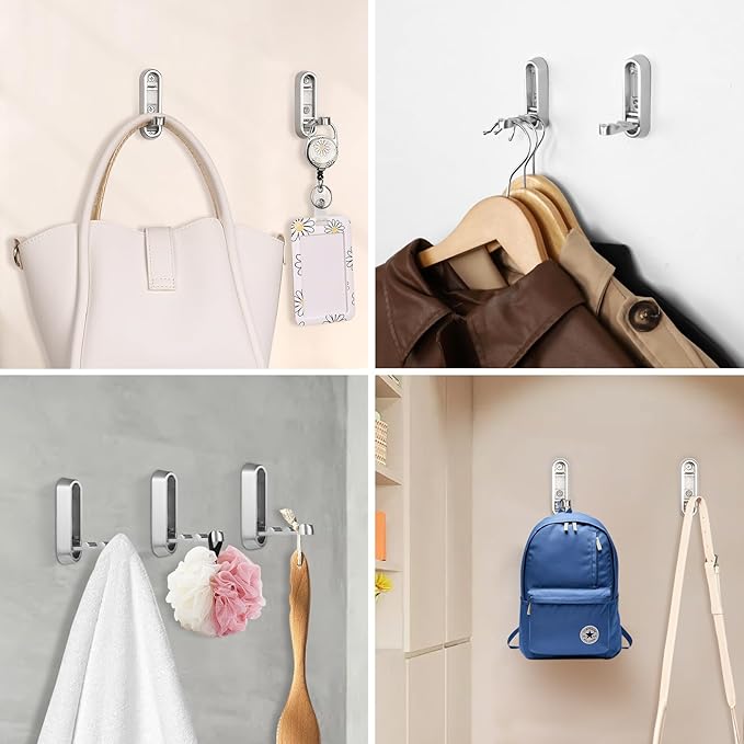 Dntorx Folding Coat Hooks, 4 Pcs Foldable Silver Wall Hooks Heavy Duty Foldable Hook Bathroom Towel Hooks Robe Hooks Wall Mounted for Hanging Coat Towels Clothes Hat Bags Keys
