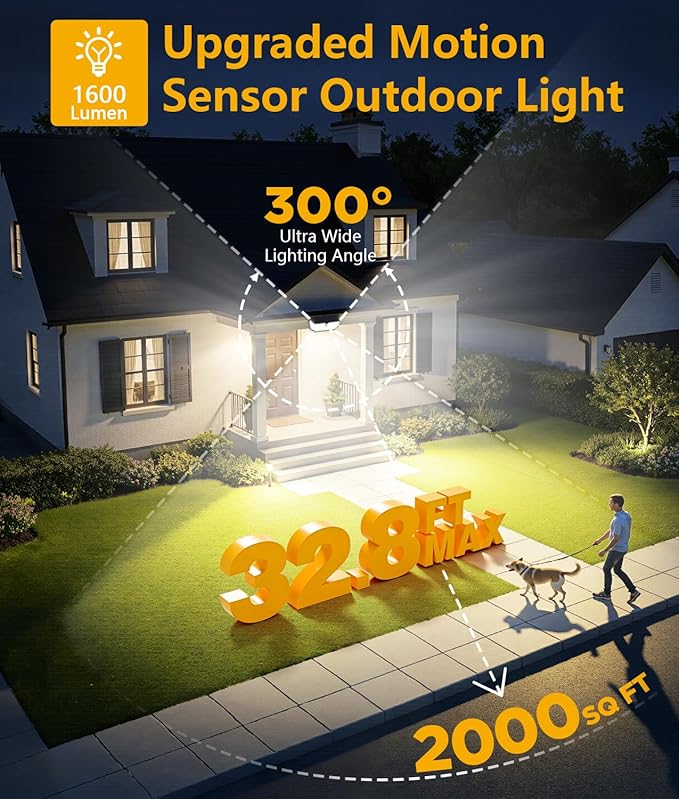 WdtPro Solar Lights Outdoor Waterproof, 300° Angle & 3 Lighting Modes Motion Sensor Outdoor Lights, Solar Security Flood Lights for Outside Fence Wall Yard Front Door Deck Garden Garage