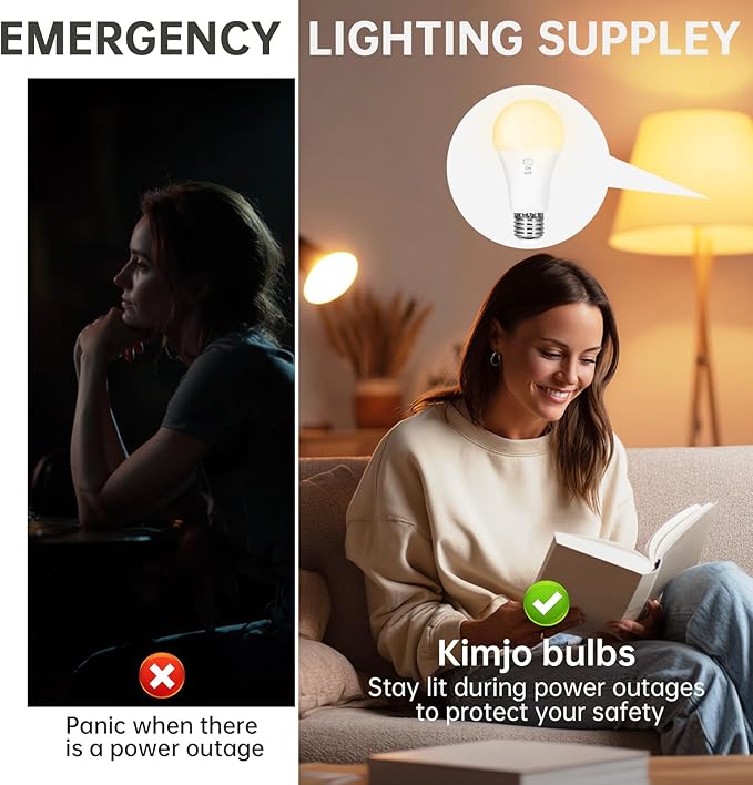 Kimjo 4 Pack Rechargeable Light Bulbs with Remote, Keep Lighting During Power Outage, 2600mAh Emergency Battery Operated Light Bulb with 3 Colors, Dimmable for Home, Camping, Tent (E26, with Hook)