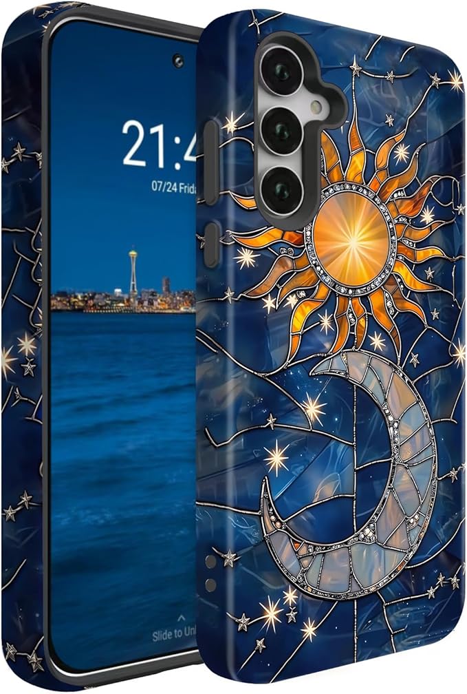 Compatible for Samsung Galaxy A36 5G Case, Dual Layer Heavy Duty 2 in 1 Shockproof Protective Phone Case,Stained Glass Sun Moon