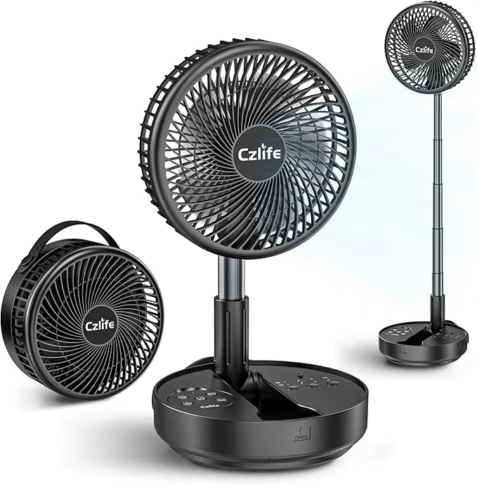 Czlife F9 Portable Fan, 10000mAh Rechargeable Battery Powered for Travel Sleeping Camping Bedroom Outdoor, Cordless Floor Desk Fan, Oscillating Folding USB Fan with Remote, 4 Speed, Timer, 7.7"