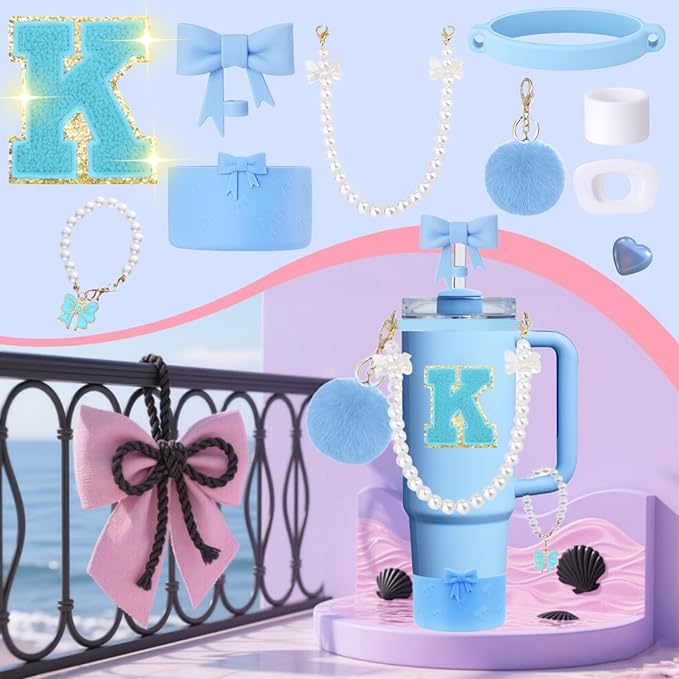 9pcs Stanley Cup Accessories Set- for 30oz 40oz Tumblers with Handle - Bule Kit Includes Bow Straw Topper and Boot, Charm, Pearl Handle Strap & Stickers - Aesthetic Girl Gifts (K)