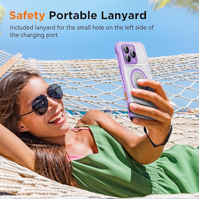 WIFORT for iPhone 16 Pro Max Waterproof Case, [IP68 Underwater] [Blue Light Filter Lens] [15FT Military Shockproof], Fit for Magsafe Full Body Magnetic Frosted Phone Case with Lanyard, 6.9" Purple