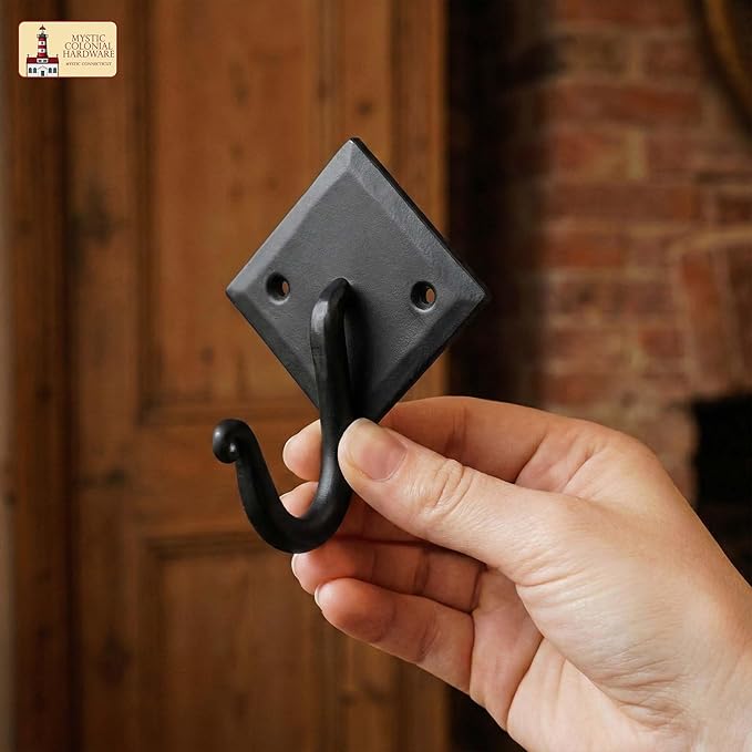 Mystic Colonial Rustic Cast Iron Wall Hooks, 3.6" Heavy Duty Coat Hooks for Coat, Bag, Towel, Hat & Robe, Mounting Hardware Included, Black, Pack of 10