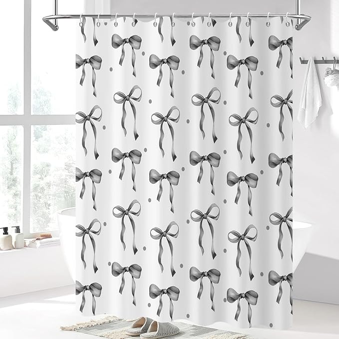 Grey and White Bow Shower Curtain, Grey Modern Aesthetic Bowknot with Polka Dot Cute Girly Bathroom Curtain Waterproof Fabric Machine Washable with Hooks, 48" Wx72 L