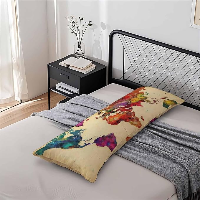 World Map Body Pillow Pillowcase, Retro World Map Colorful Body Pillow Cushion Cover, 20x54 Inch Lumbar Pillow Cover Large Pillow Protector for Home Couch Sofa