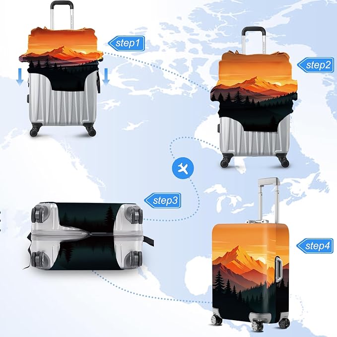 Retro Mountain Landscape Sunset Travel Luggage Cover -Stretchable Airplane Suitcase Protector Sleeve,Universal Washable Fit for 28-30 Inch Checked Baggage,Water Resistant Durable Luggage Protector