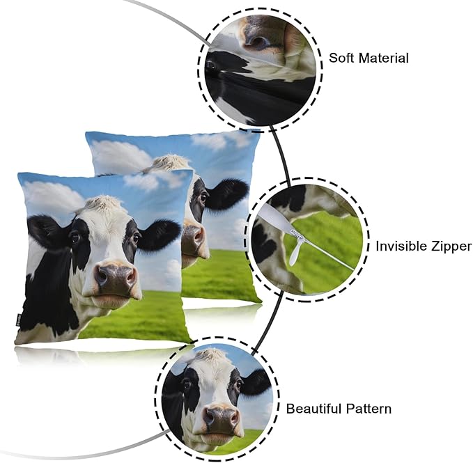 Swono Cow Bed Pillow Covers, Funny Farm Cattle Cow On Grass Meadow Decorative Throw Pillow Cover Cushion Case for Sofa Bed Living Room Farmhouse Decorations, 18"X18" 2 Pieces Pillowcases