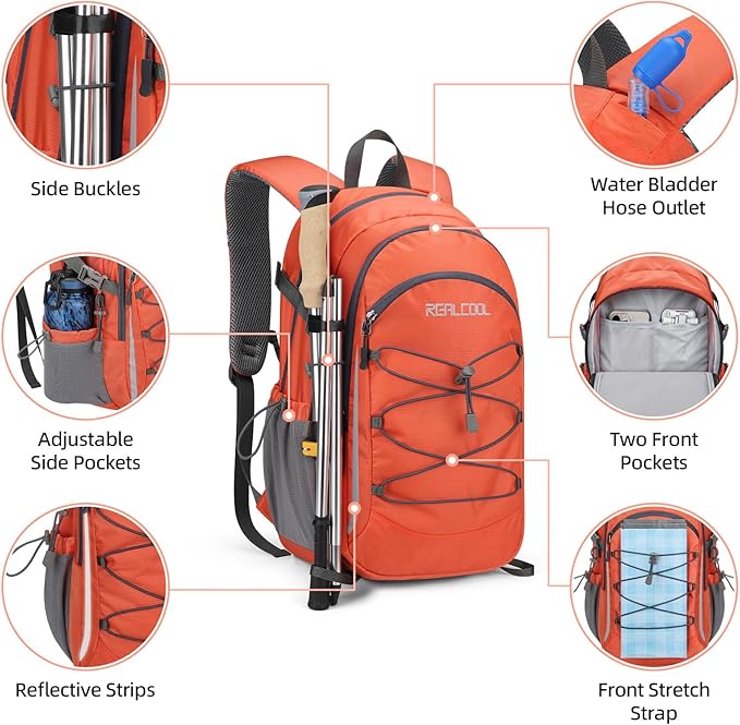 RealCool Hiking Backpack for Men Women,30L Lightweight Waterproof Travel Camping Backpack Hiking Daypack for Cycling Running,Orange