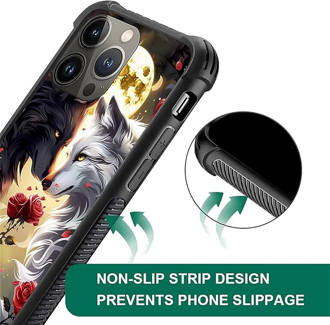 for iPhone 13 Pro Max Case, Black White Wolf Moon Flower Rose Pattern Graphic Design Girl Boy Soft Silicone Hard Acrylic Shock Protection for iPhone 13 Pro Max