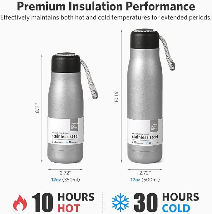 17 oz Stainless Steel Water Bottle Double Wall Vacuum Insulated Kids Wide Mouth Flask with Leakproof Portable Lid (Silver)
