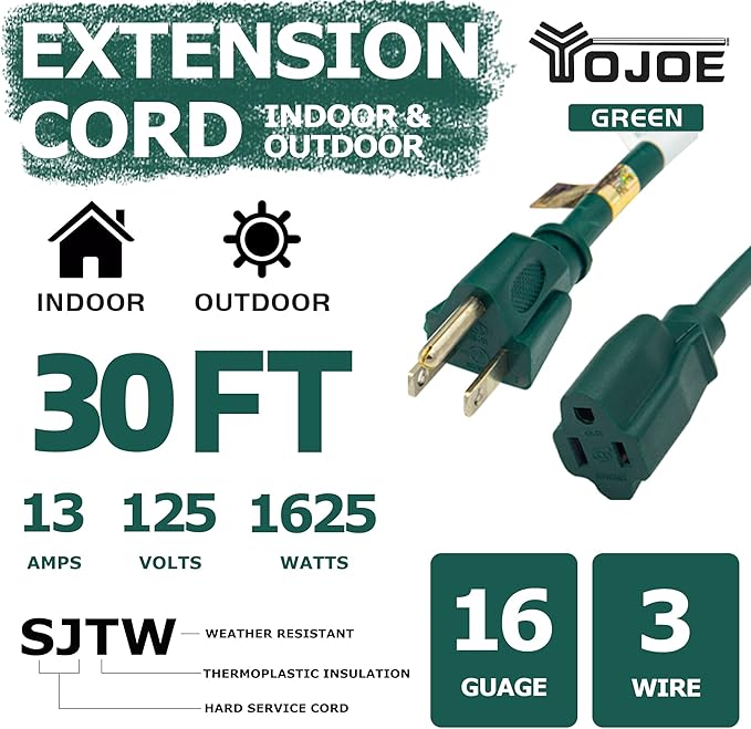 YOJOE Indoor Outdoor Extension Cord, 3 Prong 13A Weatherproof Power Cord, 16 Gauge Heavy Duty 30 ft Green Extension Cord for Garage, Garden and Home, 16/3 SJTW UL Listed