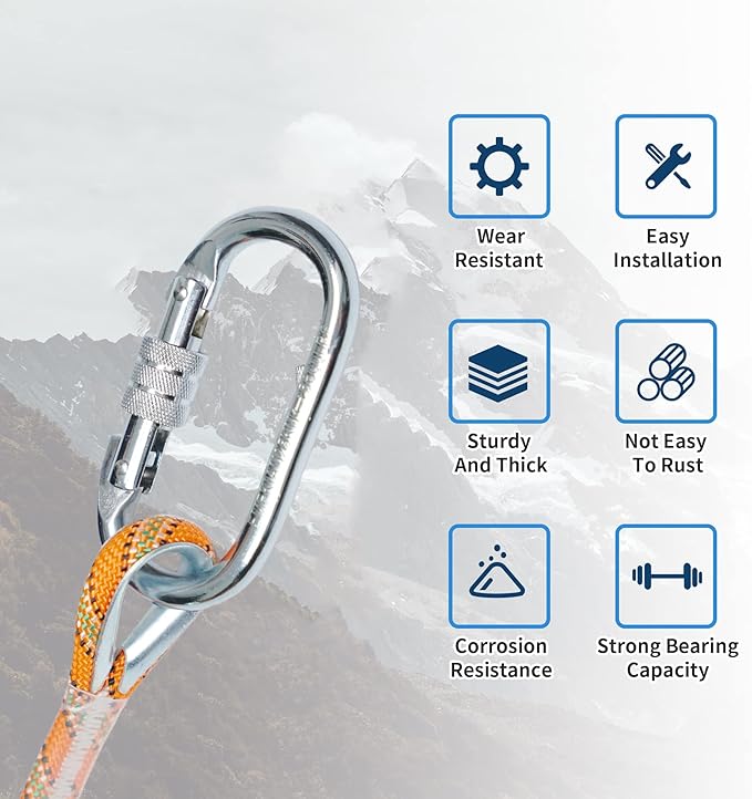 Oval Indoor Outdoor Climbing Carabiner, 25 KN (5600 LBS) Screw Locking Heavy Duty Safety Caribeener Clips for Hammock, Rope, Hiking, Camping