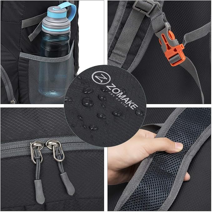 ZOMAKE Lightweight Packable Backpack 35L, Light Foldable Backpacks Water Resistant Collapsible Hiking Bag, Compact Folding Day Pack for Travel Camping(Black)