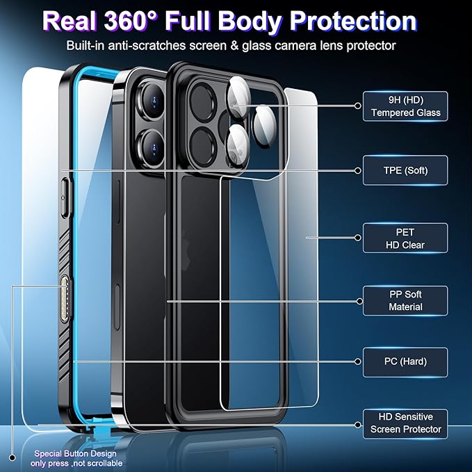 2025 New Designed for iPhone 16 Pro Case Waterproof, [Built-in Screen Protector & Glass Camera Protector][Full Body Shockproof][IP68 Underwater][Dustproof][Dropproof] Phone Case for iPhone 16 Pro 6.3"