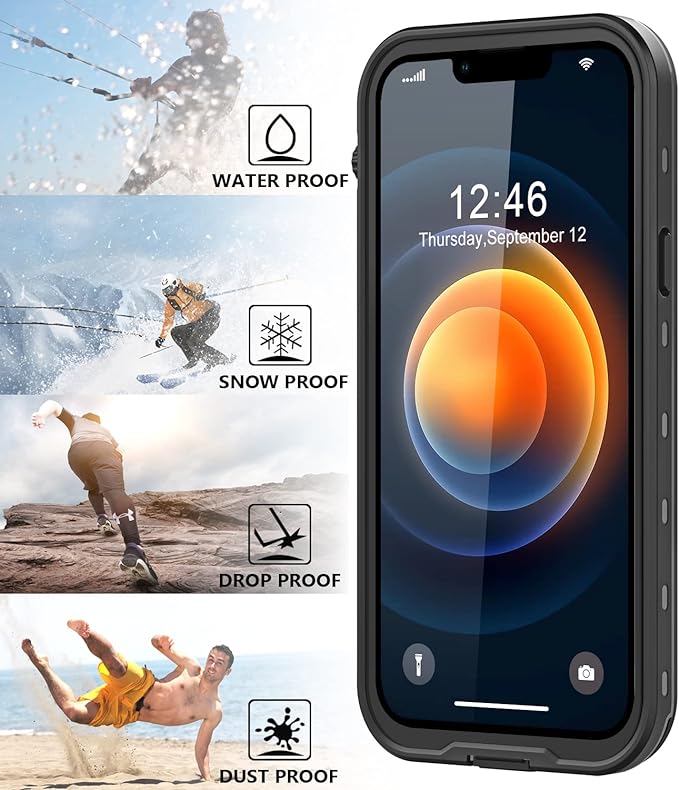 Protebox for iPhone 12 Waterproof Case with Built-in Screen Protector, Shockproof Dustproof Full Body Protective IP68 Waterproof Phone Case for iPhone 12 6.1 inch (Black/Clear)