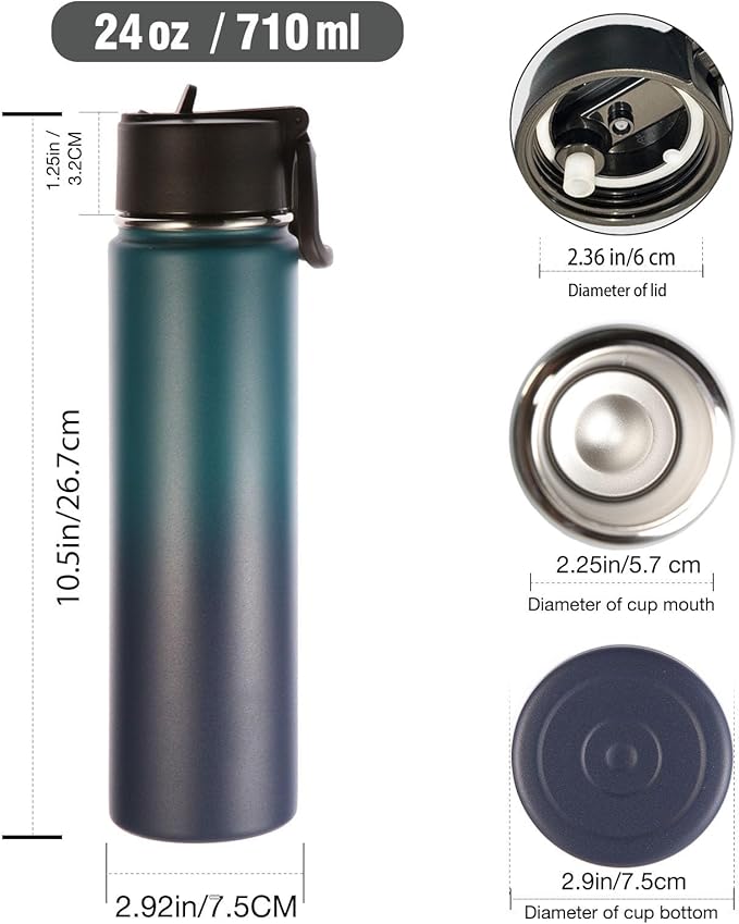 Volhoply 24 Ounce Insulated Water Bottle with Straw Lid,Stainless Steel Wide Mouth Sport Bottles with Handle,Double Wall Vacuum Cups Keep Cold,Reusable Travel Thermal Cups For Holder(Dark Night,1)