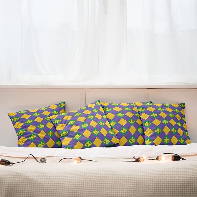 Ambesonne New Orleans Throw Pillow Cushion Case Pack of 4, Mardi Gras Themed Rhombuses with Fleur De Lis Motifs Classic Geometry, Modern Accent Double-Sided Digital Printing, 18", Violet Yellow
