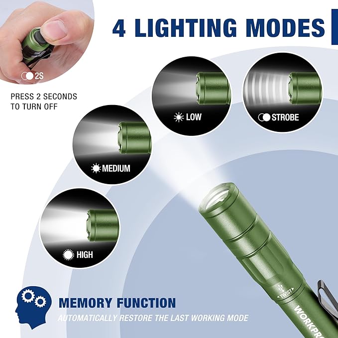 WORKPRO Rechargeable Pen Light, Mini Flashlight, 2 Pack Ultra-Compact EDC Flashlight, Pocket Flashlight with Clip, Memory Function and 2 x USB C Cable Included, Green