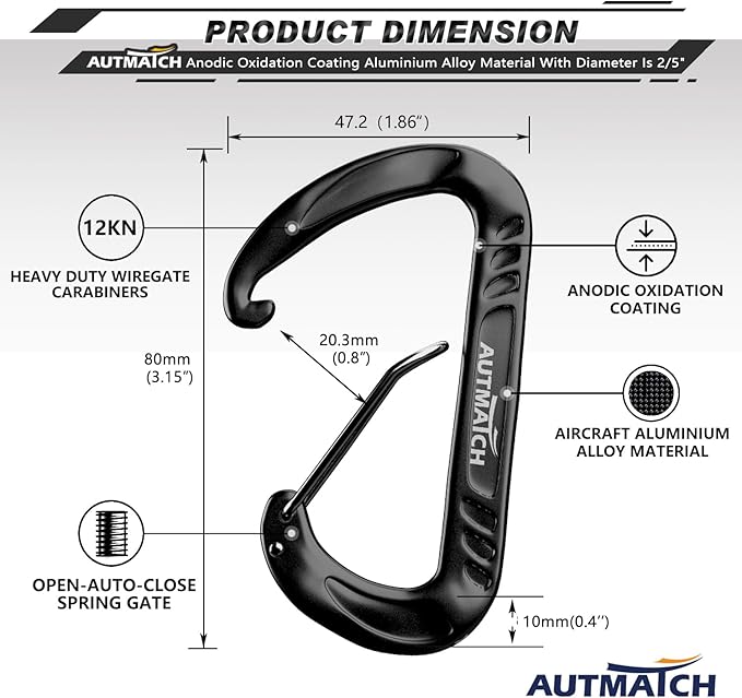 AUTMATCH Carabiner Clips, 3" Spring Snap Hook Caribeener Clips Buckle Heavy Duty Locking Carabiners Chain Quick Links, 4 Pack