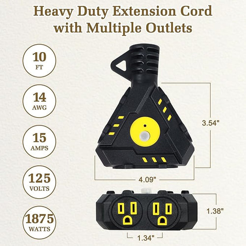 10FT 14 Gauge Outdoor Extension Cord 6-Outlet 14/3 SJTW Heavy Duty Extension Cord with Multiple Outlets Waterproof 3 Prong for Garage Workshop 15A 125V 1875W ETL Listed