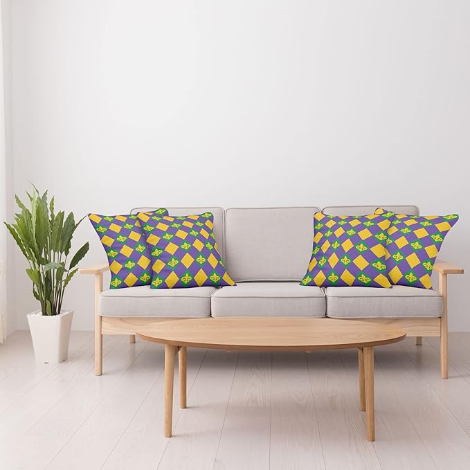 Ambesonne New Orleans Throw Pillow Cushion Case Pack of 4, Mardi Gras Themed Rhombuses with Fleur De Lis Motifs Classic Geometry, Modern Accent Double-Sided Digital Printing, 20", Violet Yellow