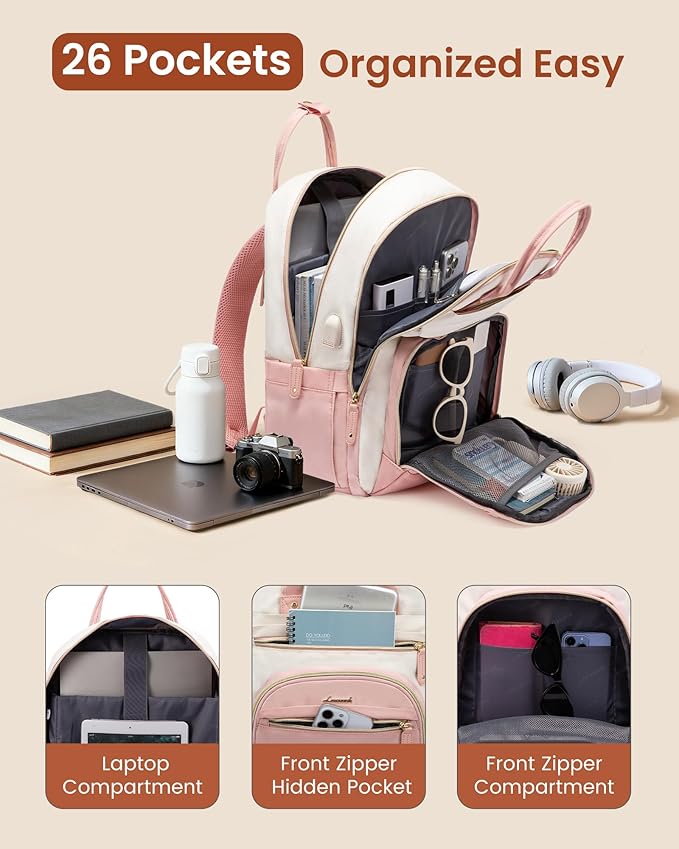 LOVEVOOK Backpack for Women,Laptop Backpack Women,Fits 15.6 Inch Laptop Bag,School Backpacks,Fashion Travel Work Anti-theft Bag,Waterproof Business Computer College Backpack Purse,Grey-Pink-Grey
