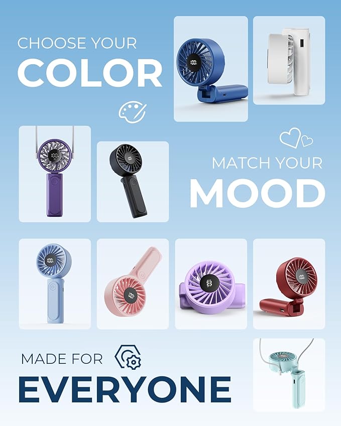 Peiyuu Portable Fan, 4000mAh Rechargeable, 180° Foldable Mini Desk Fan with 6 Wind Speed, LCD Digital Display, Lanyard as Neck Fan, Ultra Quiet, Pocket Size for Indoor Outdoor