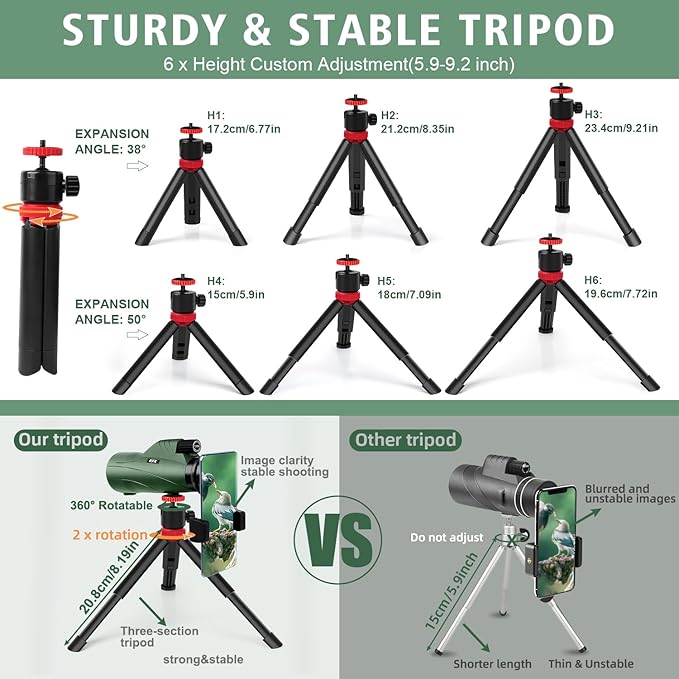 12x56 High Power Monocular Telescope with Tripod Bag, Handheld Monoculars for Adults with BAK4 Prism & FMC Lens, Suitable for Bird Watching Camping, New-Upgraded BAK4 - Forest Green