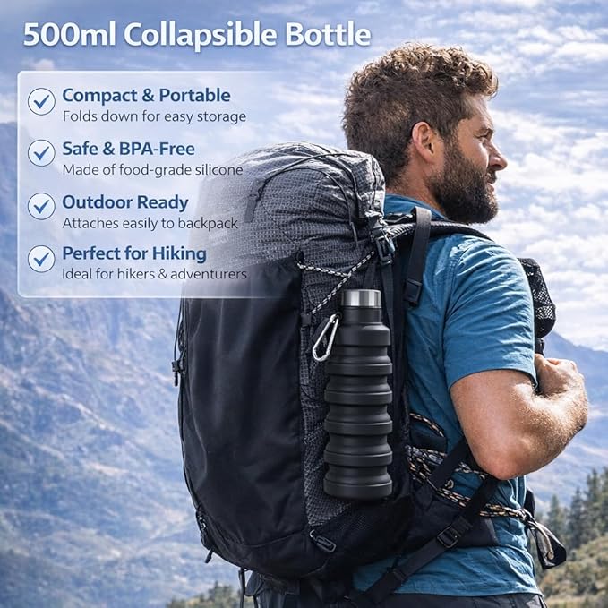 Collapsible Water Bottles,16oz Capacity Portable Reusable Silicone Water Bottle,Leak-proof,with buckle,foldable storage,Lightweight Durable for Fitness,Cycling,Sports,Camping,Hiking (Deep Black)