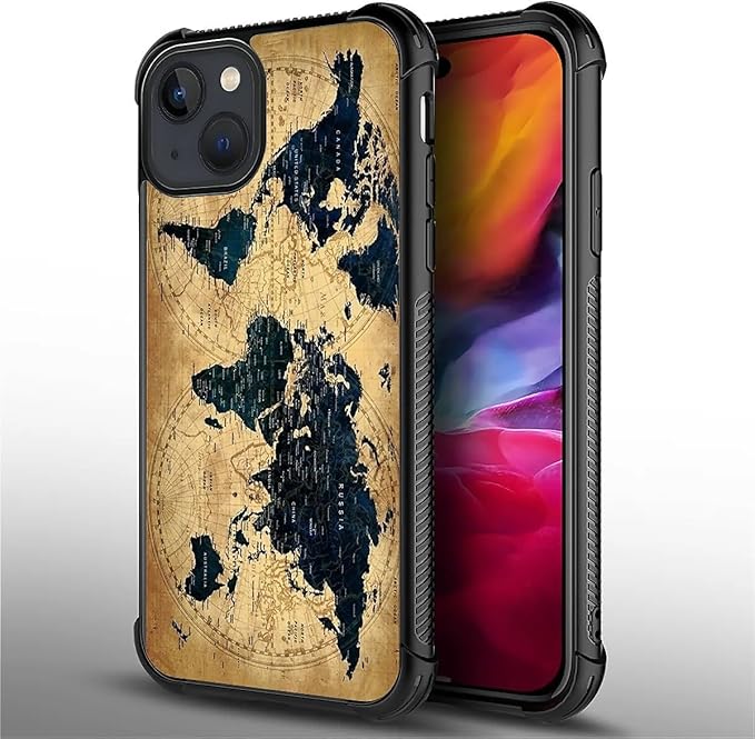 for iPhone 15 Case, Brown World Map Pattern Graphic Design Girl Boy Soft Silicone Hard Acrylic Shock Protection for iPhone 15